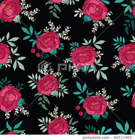 Red decorative peonies on black hand drawn illustration vector seamless pattern design. Great for fabric, ethnic patterns, clothing, textile, walls, packaging projects and more 94311465