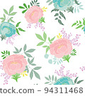 Pink blue Peonies ornamental bunches with leaves on white retro vector seamless pattern design. Great for fabric, textiles, gift wrap, packaging projects, walls, and more 94311468