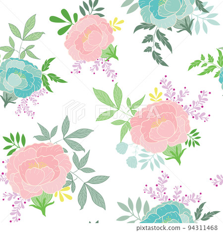 Pink blue Peonies ornamental bunches with leaves on white retro vector seamless pattern design. Great for fabric, textiles, gift wrap, packaging projects, walls, and more 94311468