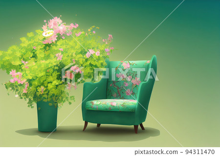 green armchair with colorful flowers on pastel green background, 2d style, anime style green armchair with colorful flowers on pastel green background, 2d style, anime style 94311470