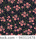 Pink flowers green leaves Walking through meadows night vector seamless pattern with hand drawn elements. Great for fabric allover print, fashion textile, clothing, packaging, walls,  and much more 94311478