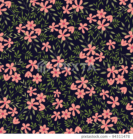Pink flowers green leaves Walking through meadows night vector seamless pattern with hand drawn elements. Great for fabric allover print, fashion textile, clothing, packaging, walls,  and much more 94311478