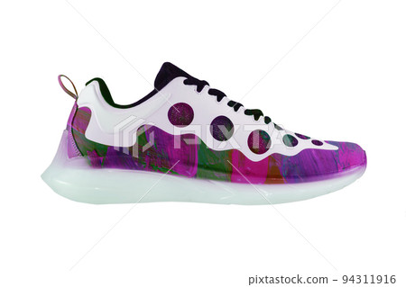 Multicolored creative sneaker on a white background. Bright joyful shoes. 94311916