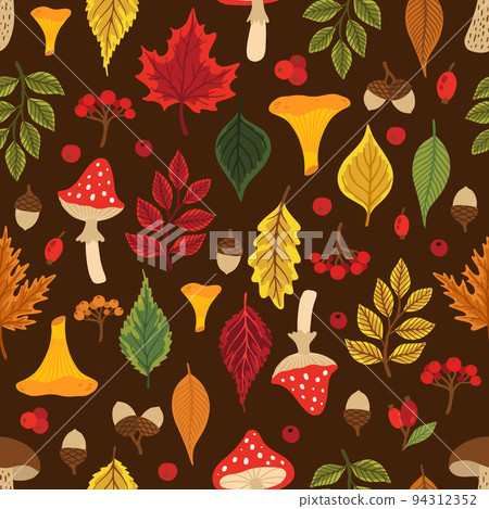 Seamless pattern with acorns, autumn leaves, mushrooms. Perfect for wallpaper, gift paper, pattern fill, autumn greeting cards. Seamless pattern with acorns, autumn leaves, mushrooms. Perfect for wallpaper, gift paper, pattern fill, autumn greeting cards. 94312352