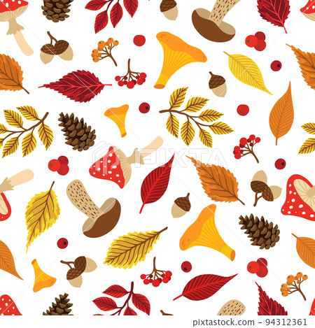 Seamless pattern with acorns, autumn leaves, mushrooms. Perfect for wallpaper, gift paper, pattern fill, autumn greeting cards. 94312361