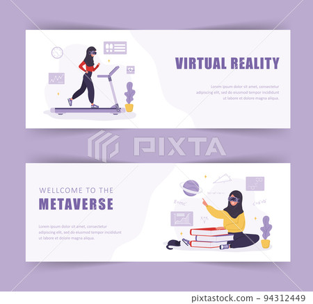 Metaverse banners. Muslim women wearing VR headset. Virtual reality and Cyberspace. Modern technology entertainment. Vector illustration in flat cartoon style Metaverse banners. Muslim women wearing VR headset. Virtual reality and Cyberspace. Modern technology entertainment. Vector illustration in flat cartoon style 94312449