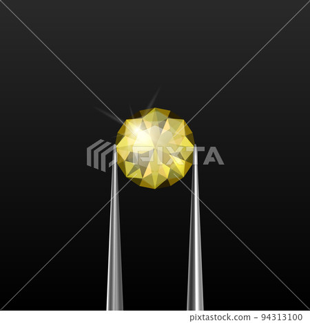 Vector 3d Realistic Transparent Yellow Gemstone, Diamond, Crystal, Rhinestone with Jewelry Tongs Closeup on Black Background. Jewerly Concept. Design Template, Clipart 94313100