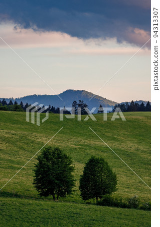 Spring rural landscape with dramatic sky at sunset. Spring rural landscape with dramatic sky at sunset. 94313307