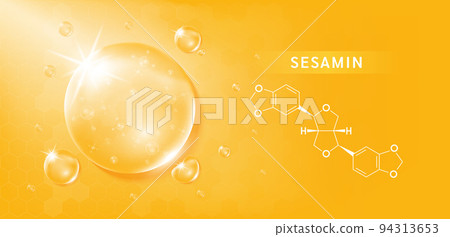 Sesamin drop and structure black sesame extract on orange background. Vitamin complex orange. Food supplement nutrition design. 94313653