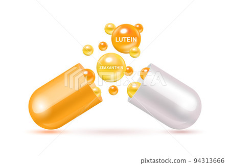 Lutein and Zeaxanthin medicine capsule orange. Vitamin complex with Chemical formula from marigold to nourish eyes. Medical and healthcare concept. 94313666
