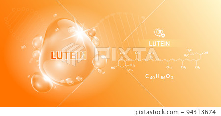 Drop water lutein orange and structure. Vitamin complex with Chemical formula from marigold to nourish eyes. Medical and scientific concepts. 3D Realistic Vector EPS10. 94313674