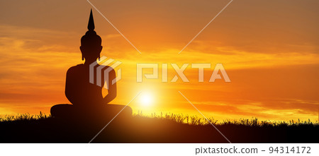 Silhouette of Buddha mediating in the twilight with sunrise background. Magha Puja, Asanha Puja, and Visakha Puja Day. Buddhist holiday Concept. 94314172