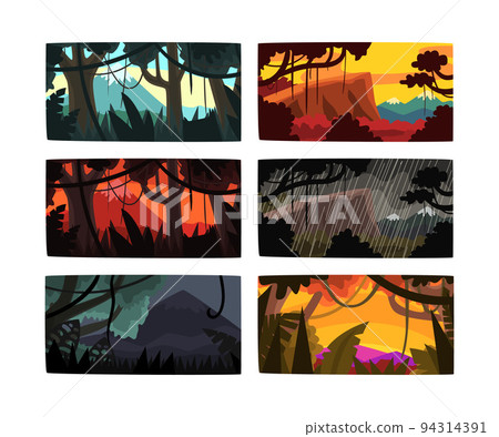 Jungle and Rainforest with Dense Trees, Lush Vegetation and Hanging Lianas Picture Vector Set 94314391