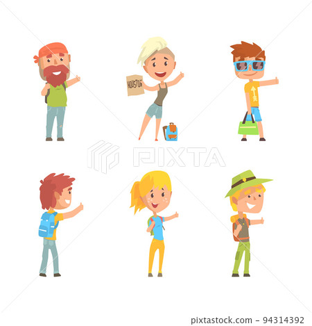 People Travelling by Hitchhiking or Autostop Thumbing Standing on the Road Vector Set 94314392