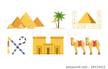 Crossed Sceptre and Whip, Sand Pyramid, Camel and Building as Ancient Egyptian Symbol Vector Set 94314425