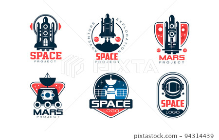 Mars and Space Expedition Project Label with Shuttle and Satellite Vector Set 94314439