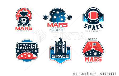 Mars and Space Expedition Project Label with Shuttle and Planet Vector Set 94314441