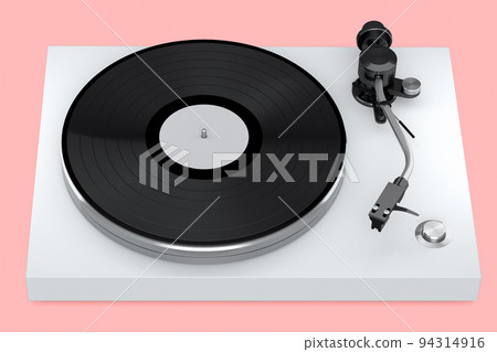 Vinyl record player or DJ turntable with retro vinyl disk on pink background. 94314916