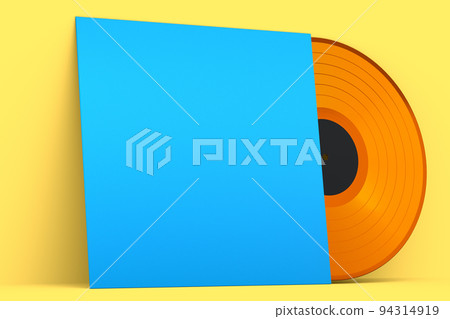 Black vinyl LP record with cover isolated on yellow background. 94314919