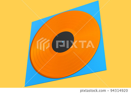 Black vinyl LP record with cover isolated on yellow background. 94314920