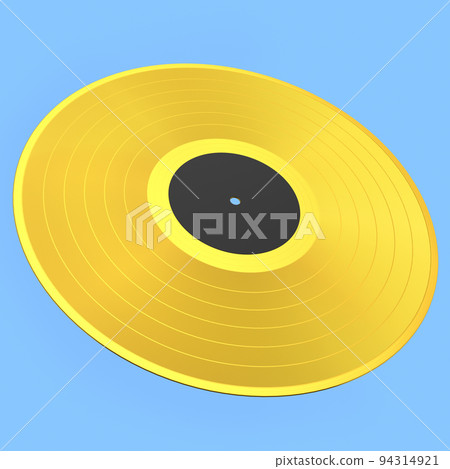 Black vinyl LP record with label isolated on blue background. Black vinyl LP record with label isolated on blue background. 94314921