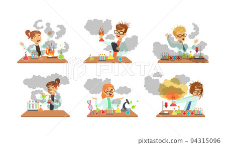 Children Scientist at Table with Exploded Flask with Chemicals After Failed Experiment Vector Set Children Scientist at Table with Exploded Flask with Chemicals After Failed Experiment Vector Set 94315096