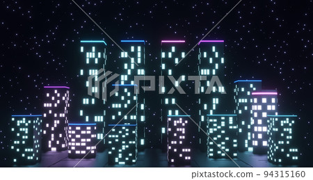 neon colored glowing city in the night with stars, 3d render 94315160
