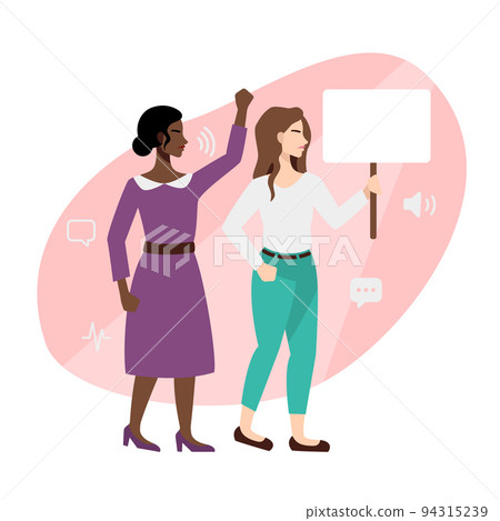 Women with a poster in hand. Women protest for their rights and feminism. Vector illustration in flat cartoon style. Women with a poster in hand. Women protest for their rights and feminism. Vector illustration in flat cartoon style. 94315239