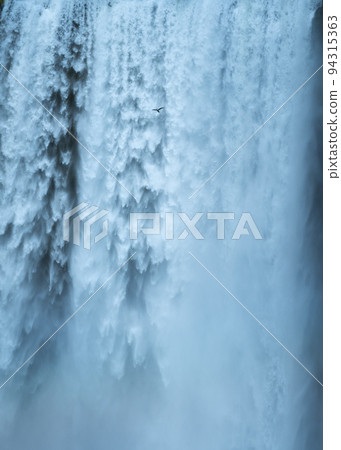 Seagull bird flying through powerful Skogafoss waterfall in summer 94315363