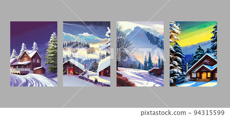 Winter mountain landscape with wooden house, chalet, snow, illuminated mountain peaks, hill, forest, river, fir trees, illuminated windows, sunset, dawn. Vector flat illustration. Winter mountain landscape with wooden house, chalet, snow, illuminated mountain peaks, hill, forest, river, fir trees, illuminated windows, sunset, dawn. Vector flat illustration. 94315599