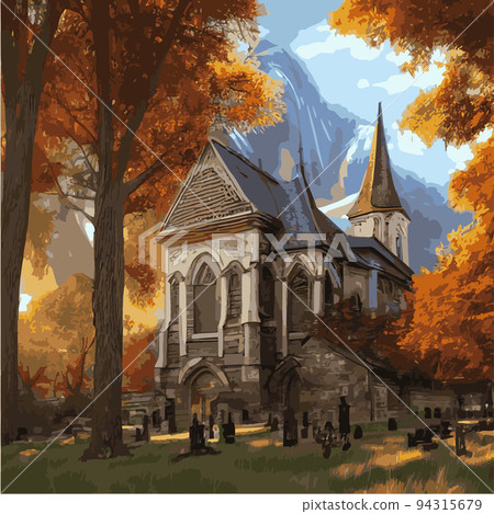 Catholic church vector illustration in gothic style in autumn forest. Vector freehand drawing in vintage style. Old church, trees, forest. Concept for halloween holiday. Catholic church vector illustration in gothic style in autumn forest. Vector freehand drawing in vintage style. Old church, trees, forest. Concept for halloween holiday. 94315679