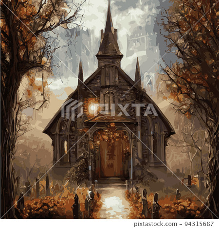 Catholic church vector illustration in gothic style in autumn forest. Vector freehand drawing in vintage style. Old church, trees, forest. Concept for halloween holiday. Catholic church vector illustration in gothic style in autumn forest. Vector freehand drawing in vintage style. Old church, trees, forest. Concept for halloween holiday. 94315687