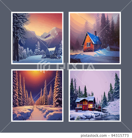 Winter mountain landscape with wooden house, chalet, snow, illuminated mountain peaks, hill, forest, river, fir trees, illuminated windows, sunset, dawn. Vector flat illustration. 94315773