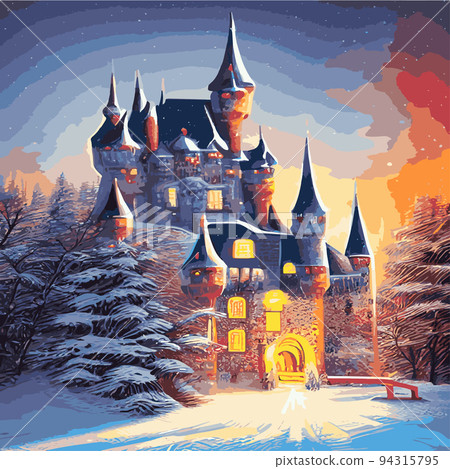 Castle background winter snowy forest. Snow, snowflakes. Night, moon. Winter landscape. Vector illustration kids with fairy tale castle winter landscape snowy weather with snowfall. mysterious castle Castle background winter snowy forest. Snow, snowflakes. Night, moon. Winter landscape. Vector illustration kids with fairy tale castle winter landscape snowy weather with snowfall. mysterious castle 94315795