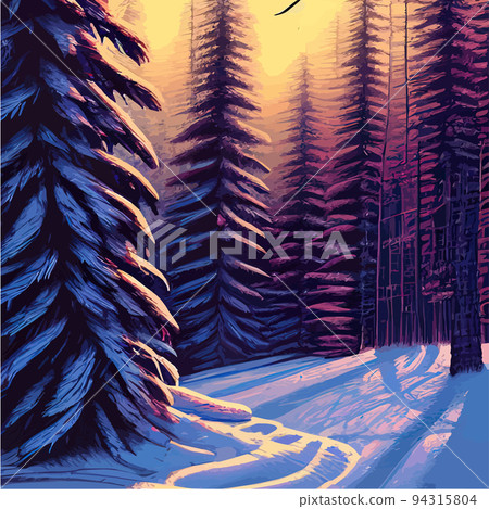 Vector blue landscape with silhouettes of trees in a foggy forest. Snow falls in the winter forest. winter background with rows firs, snowfall. Peaceful winter landscape in shades of blue, copy space Vector blue landscape with silhouettes of trees in a foggy forest. Snow falls in the winter forest. winter background with rows firs, snowfall. Peaceful winter landscape in shades of blue, copy space 94315804