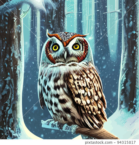 Scandinavian Christmas illustration with a wise forest owl in the snow. forests and snowflakes on a dark gray background. Winter card with cute owl. birds in the winter forest Scandinavian Christmas illustration with a wise forest owl in the snow. forests and snowflakes on a dark gray background. Winter card with cute owl. birds in the winter forest 94315817
