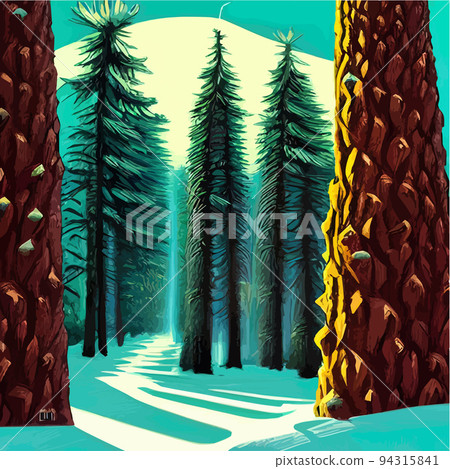 Vector blue landscape with silhouettes of trees in a foggy forest. Snow falls in the winter forest. winter background with rows firs, snowfall. Peaceful winter landscape in shades of blue, copy space 94315841