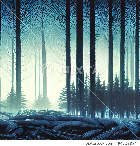 Vector blue landscape with silhouettes of trees in a foggy forest. Snow falls in the winter forest. winter background with rows firs, snowfall. Peaceful winter landscape in shades of blue, copy space Vector blue landscape with silhouettes of trees in a foggy forest. Snow falls in the winter forest. winter background with rows firs, snowfall. Peaceful winter landscape in shades of blue, copy space 94315854