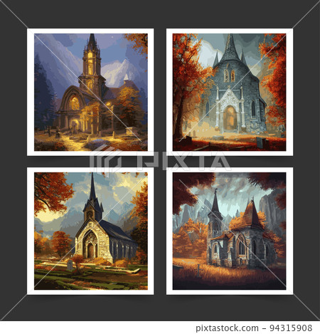 old catholic church in fantasy style vector illustration set of four pictures. Vector freehand drawing in vintage style. Old church, trees, forest. Concept for autumn halloween holidays old catholic church in fantasy style vector illustration set of four pictures. Vector freehand drawing in vintage style. Old church, trees, forest. Concept for autumn halloween holidays 94315908