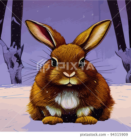 Rabbits sitting on the snowy ground of the winter forest. Hares in a forest with spruce pines and bushes with red berries. Fluffy animals surrounded by nature. Rabbit looks, vector in flat 94315909