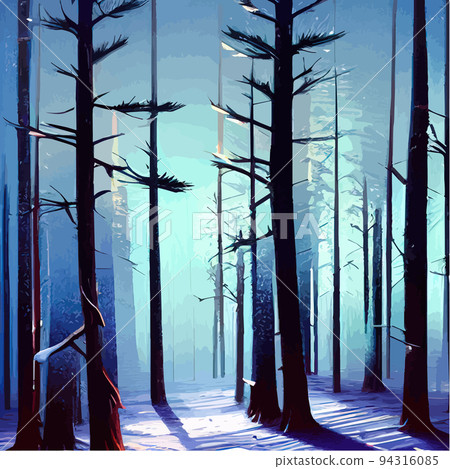 Vector blue landscape with silhouettes of trees in a foggy forest. Snow falls in the winter forest. winter background with rows firs, snowfall. Peaceful winter landscape in shades of blue, copy space 94316085