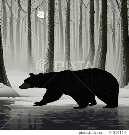 brown bear winter forest. Fluffy animals sleeping in winter, wildlife mammal, zoo. Fauna and environment, biology zoology, types carnivores. Big wild bear. Vector illustration. winter forest landscape 94316114