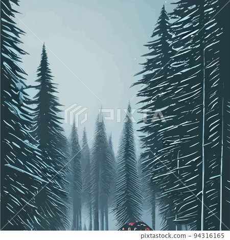 Vector blue landscape with silhouettes of trees in a foggy forest. Snow falls in the winter forest. winter background with rows firs, snowfall. Peaceful winter landscape in shades of blue, copy space 94316165