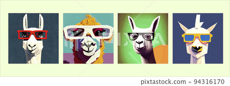 Cheerful llama with glasses pastel background pop geometric art. Cute alpaca llamas with glasses, hand drawn cartoon poster. Vector illustration design for cards, posters, t-shirts, invitations set Cheerful llama with glasses pastel background pop geometric art. Cute alpaca llamas with glasses, hand drawn cartoon poster. Vector illustration design for cards, posters, t-shirts, invitations set 94316170
