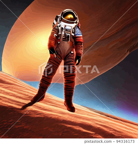 Astronaut explores space being desert mars. Astronaut space suit performing extra-cosmic activity space against stars and planets background. Human space flight. Modern colorful vector illustration 94316173