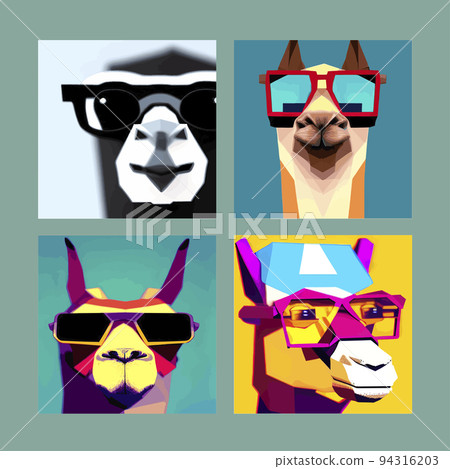 Cheerful llama with glasses pastel background pop geometric art. Cute alpaca llamas with glasses, hand drawn cartoon poster. Vector illustration design for cards, posters, t-shirts, invitations set  94316203