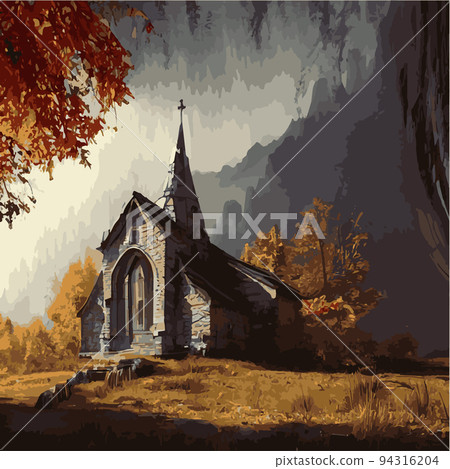 Catholic church vector illustration in gothic style in autumn forest. Vector freehand drawing in vintage style. Old church, trees, forest. Concept for halloween holiday. 94316204