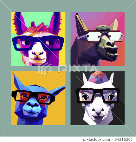 Cheerful llama with glasses pastel background pop geometric art. Cute alpaca llamas with glasses, hand drawn cartoon poster. Vector illustration design for cards, posters, t-shirts, invitations set  94316205