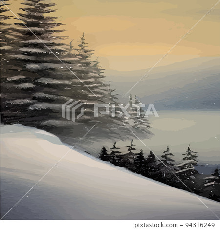 christmas holiday seamless horizontal background, winter landscape, green firs blue sky with white snow. falling snow, snowflakes winter new year holidays. Festive winter landscape. Christmas vector  94316249