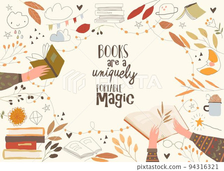 Cartoon Frame with Hands with Books and Autumn Leaves 94316321